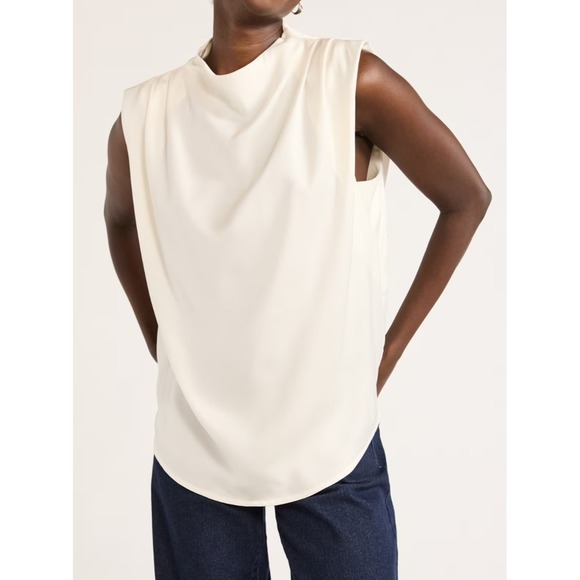Scoop Womens Sleeveless Mock Neck Pleated Shoulder Blouse Whisper White Size XS - Picture 5 of 7